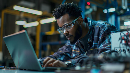 A focused black male engineer in safety glasses works on a laptop in a modern industrial factory, surrounded by machinery and equipment