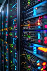Naklejka premium A vibrant data center featuring illuminated server racks with colorful LED lights, showcasing advanced technology and high-tech infrastructure.