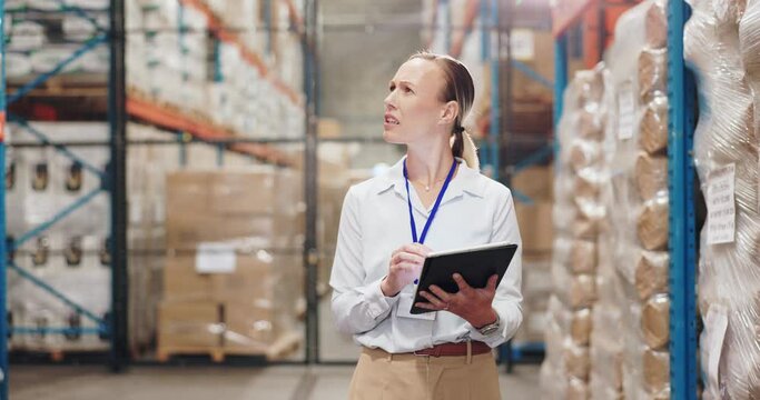 Woman, inventory and logistics factory with tablet for counting goods, supply chain and stock control or tracking. Person, digital tech and online for asset management, inspection and ecommerce