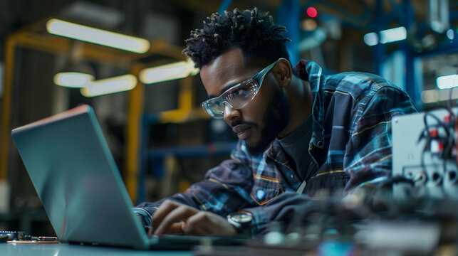 A focused black male engineer in safety glasses works on a laptop in a modern industrial factory, surrounded by machinery and equipment