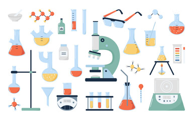 Set of chemical laboratory stuff. Microscope, flasks, test tubes, scale, safety glasses, PH strips in flat design