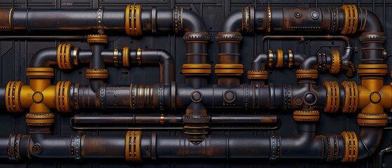 Industrial pipeline system with intricate metal pipes and connectors, showcasing engineering and mechanical design in a factory setting.