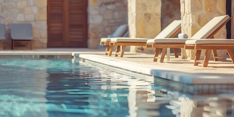 Luxurious Greek island hotel with pool and sun loungers for relaxation. Concept Luxury Accommodation, Greek Islands, Swimming Pool, Sun Loungers, Relaxation