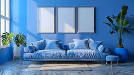 Blank picture frame mockup on white wall. Modern living room design. View of modern scandinavian style interior with sofa