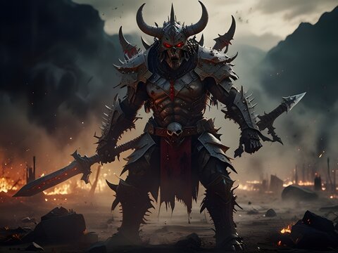 Fury Unleashed: Armored Demon Amidst War's Ruins