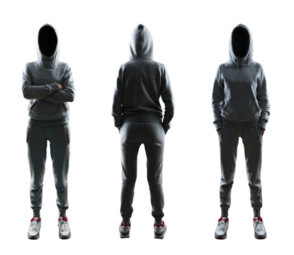 Three poses of a person with a hood obscuring the face, wearing a tracksuit on a white background, illustrating anonymity