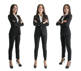 Three poses of the same woman in business attire on a clean white background, showing a professional concept