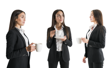Three poses of a woman in business attire holding a coffee cup, isolated on a white background, suggesting workplace coffee break
