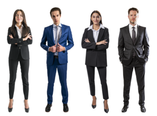 Four business professionals in formal attire posing individually against a white background, concept of a professional team