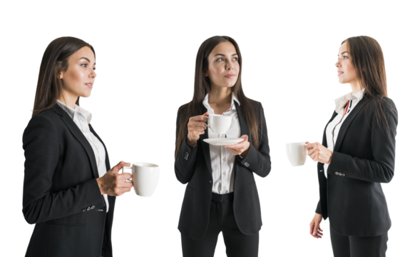 Three poses of a woman in business attire holding a coffee cup, isolated on a white background, suggesting workplace coffee break