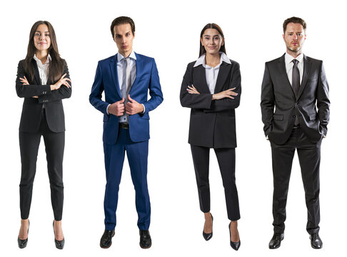 Four business professionals in formal attire posing individually against a white background, concept of a professional team - Powered by Adobe