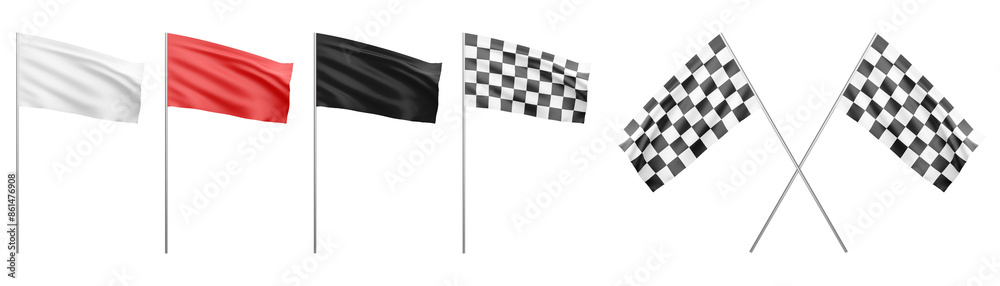 Poster A collection of waving flags, plain and checkered, on a white background, symbolizing racing or finish line. 3D Rendering