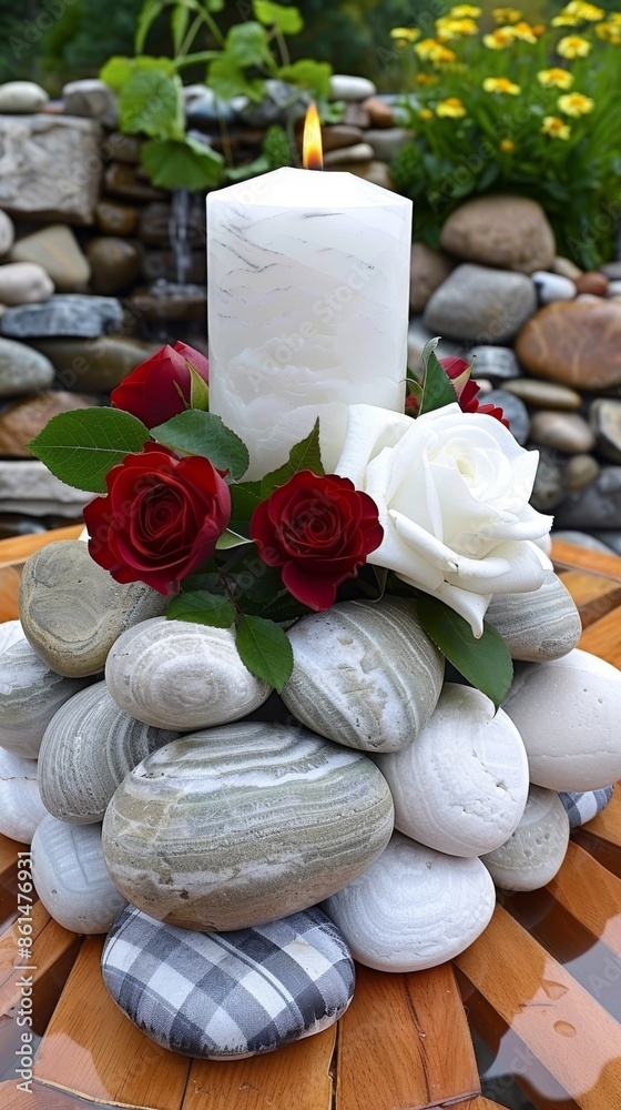 Wall mural Heart shaped white candle with red roses and pebbles, symbolizing love and tranquility, vibrant and serene indoor photography