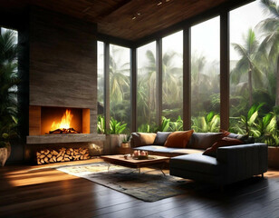 Luxury villa living room with big panoramic windows. Tropical palms environment. Real estate  banner, advertisment, digital backgrownd.