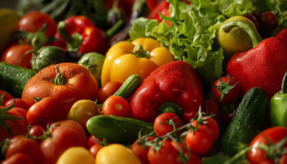 A close-up of a variety of fresh vegetables, including tomatoes, bell peppers, cucumbers, and lettuce, showcasing their vibrant colors and freshness
