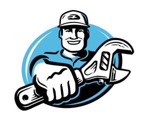 Happy mechanic holding an adjustable wrench in his hand. Repair or plumbing work emblem or logo. Vector illustration