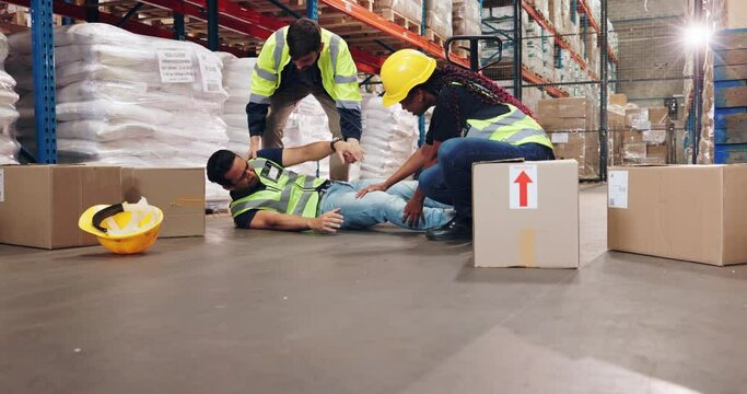 Injury, warehouse and team helping man with leg pain for working with heavy cardboard boxes. Ecommerce, medical emergency and logistics worker on floor with muscle sprain on duty with employees.