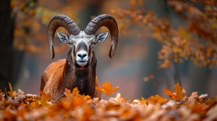 Portrait of a wild ram with autumn foliage background