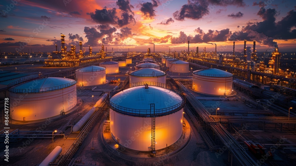 Wall mural Aerial view of industrial oil storage tanks at sunset - Wall murals