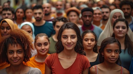 devirse crowd of people men and women different ages standing on the street and smiling. Generative ai