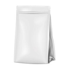Flat pinch bottom zipper plastic bag. Realistic vector mock-up. Blank white gusseted pouch packaging with zip lock and tear notches. Mockup. Template for design