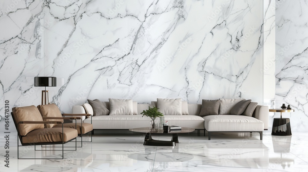 Wall mural modern living room with marble walls and white sofa