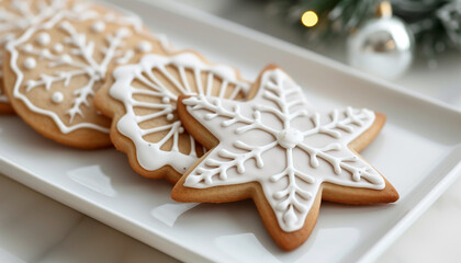 Delicious Christmas cookies decorated with intricate white icing designs, arranged beautifully on a white tray, perfect for holiday celebrations