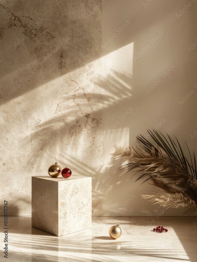 Poster christmas simplicity warm sunlight on minimalist stone cube display with festive ornaments in neutra