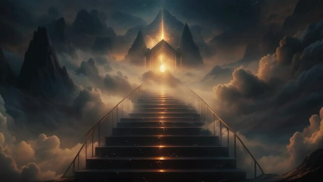 Stairway to heaven in paradise, glowing entrance magical miracle light in the sky