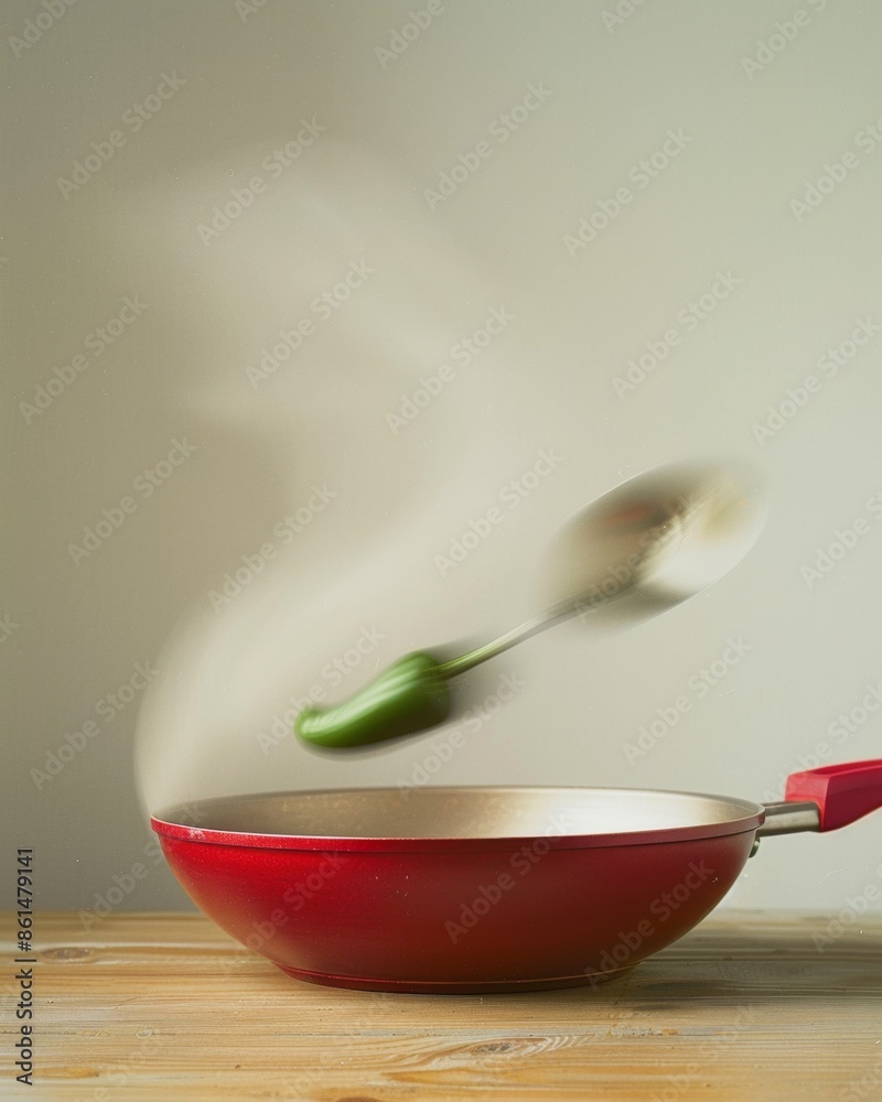 Poster abstract artistic image of cooking with red skillet and green pepper using long exposure technique, 