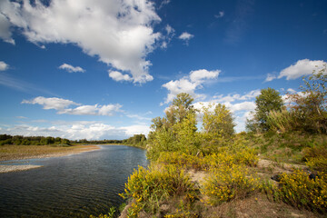 River with autumn foliage and cloud-filled sky, showcasing serene landscape and seasonal natural beauty