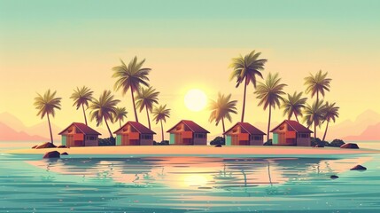 Vector illustration of beautiful scenic landscape of tropical sea beach.