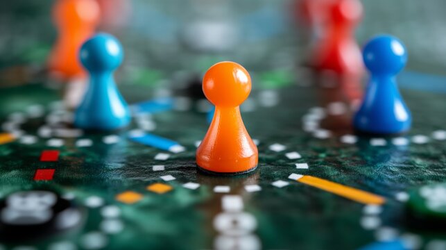 Close-up image of colorful board game pieces on a game board, highlighting strategy and planning in a competitive gaming environment.