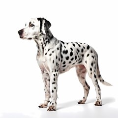Dalmatian dog breed standing against white background, AI Generated