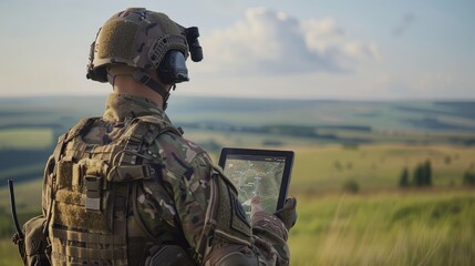 A soldier in camouflage gear surveys a field with a digital tablet