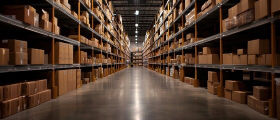 Obraz premium Large Modern Warehouse Interior with Rows of Shelves Filled with Cardboard Boxes and Packages
