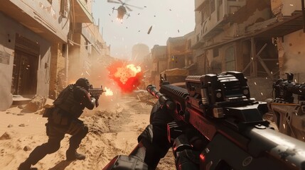 Fototapeta premium A soldier in a war zone fires a gun