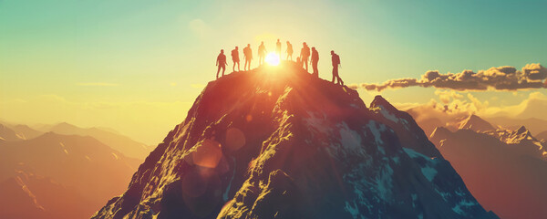 A group of people standing on top of a mountain with the sun rising in the background. Silhouettes of a team working together to reach the mountain's peak in the style of a business concept. 3D render