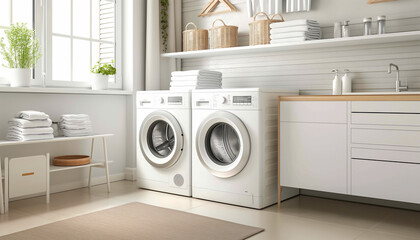 Contemporary laundry room with dual washing machines, bright white cabinetry, and an organized, sunlit space perfect for household chores