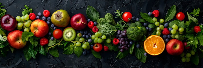 Colorful assortment of vibrant fruits, vegetables, berries and leafy greens on dark background, flat lay, top view. Background or banner. Organic food, farm markets, vegetarian diet concept