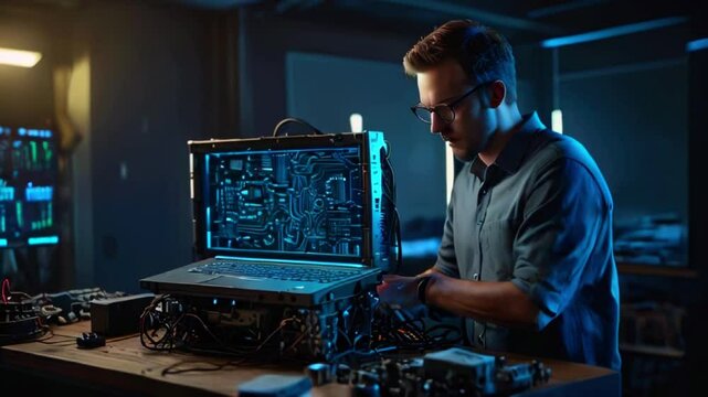 A man is working on a desktop computer. He is wearing glasses and there are computer parts and wires on the table.