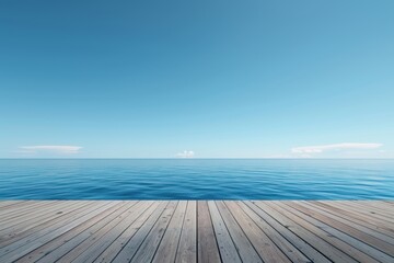 Obraz premium Serene ocean view from a wooden deck under a clear blue sky, perfect for relaxation and tranquility.