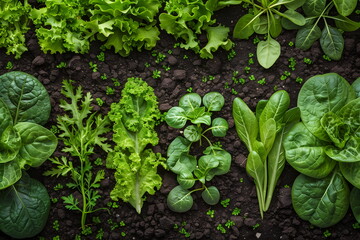 Obraz premium Variety of fresh green vegetables and herbs on soil in garden bed. Included spinach, basil, lettuce, sorrel and parsley. Top view. Concept of healthy eating, farm markets, organic produce