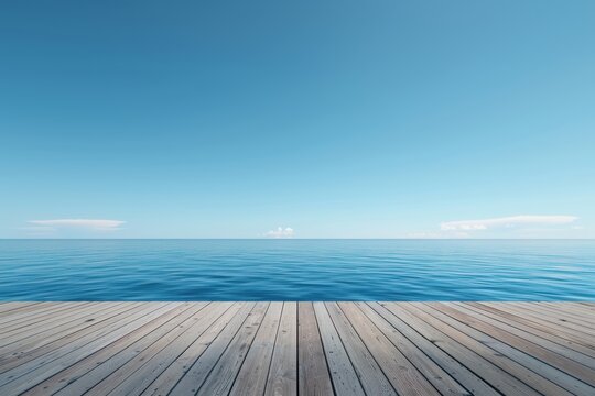 Serene ocean view from a wooden deck under a clear blue sky, perfect for relaxation and tranquility.
