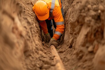 Worker installing a pipe in a narrow trench, wearing safety gear including an orange helmet and jacket, illustrating construction work.