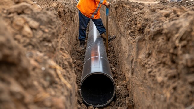 Worker installing a large pipeline in a trench, showcasing construction and infrastructure development in a close-up view.