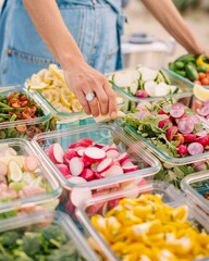 Preparing Fresh Ingredients for Camping at Park Picnic Table Close-Up of Hands Packing Vegetables, Meat, and Spices