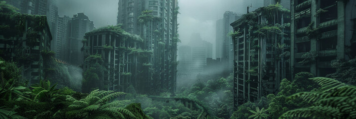 Obraz premium Abandoned city debris with green plants growing. Post apocalypse scene.