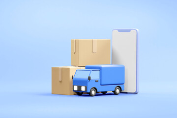 Floating 3D rendering of smartphones, delivery trucks, and packaging boxes - Ecommerce and Logistics Concept