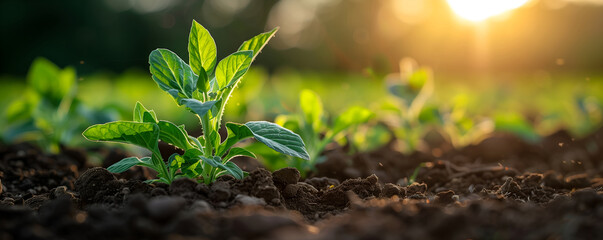 Rich soil holds young green seedlings sprouting under warm sunlight. Fresh leaves glisten, vibrant growth, healthy harvest. Banner with copy space. Organic farming, agriculture, sustainability concept